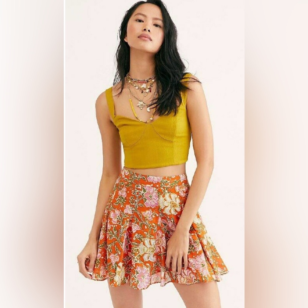 Free People End of the Island Godet Mini Skirt in Orange Nouveau Chestnut Size 0